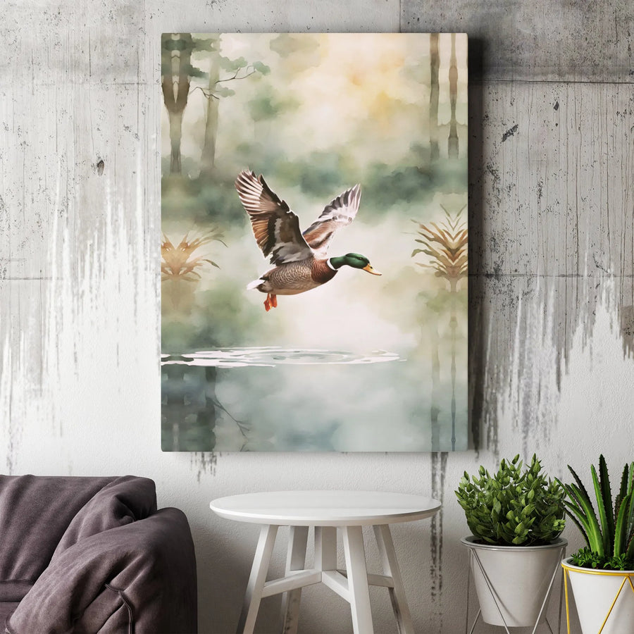 Flying Mallard Duck Canvas Wall Art | Watercolor Misty Lake Landscape | Premium Gallery Wrap Print | Nature Lover Cabin Decor Gift