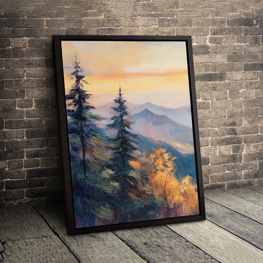 Mountain Landscape Canvas Wall Art | Impressionist Pine Trees Sunset Oil Painting | Premium Fade-Resistant Gallery Wrap | Nature Decor for Living Room