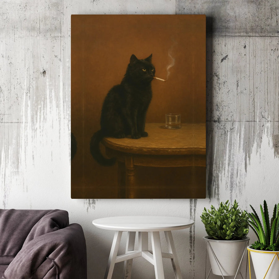 Black Cat Smoking Cigarette Canvas Wall Art | Moody Whiskey Bar Decor | Gallery Quality 1.25" Profile | Unique Gift for Cat Lovers