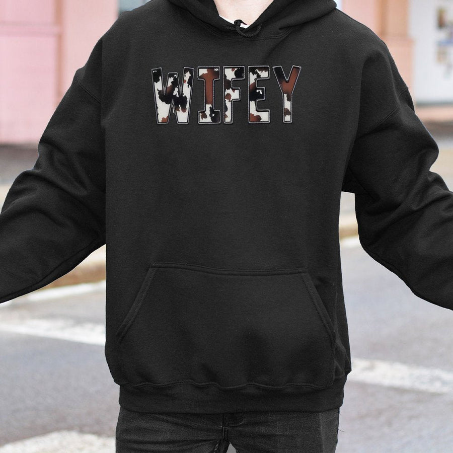 Wifey Cow Print Hoodie | Western Style Graphic Sweatshirt | Premium Cotton-Polyester Blend | Trendy Gift for Bride Engagement or Honeymoon