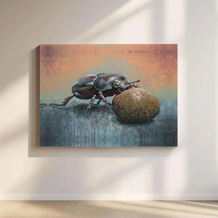 Dung Beetle Wall Art Canvas | Surreal Nature Insect Oil Painting Style | Premium 1.25" Gallery Wrap | Unique Office & Home Decor Gift