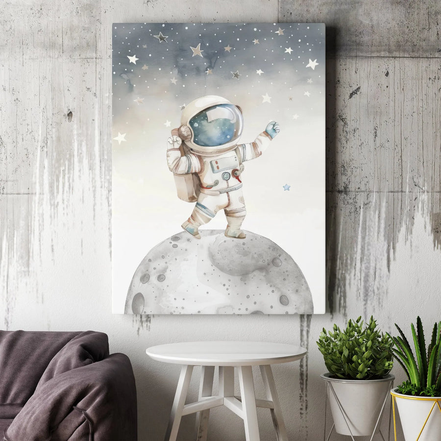Watercolor Astronaut Canvas Wall Art | Cute Space Explorer on Moon Print | Premium 1.25-Inch Gallery Wrap | Nursery & Kids Room Space Decor Gift