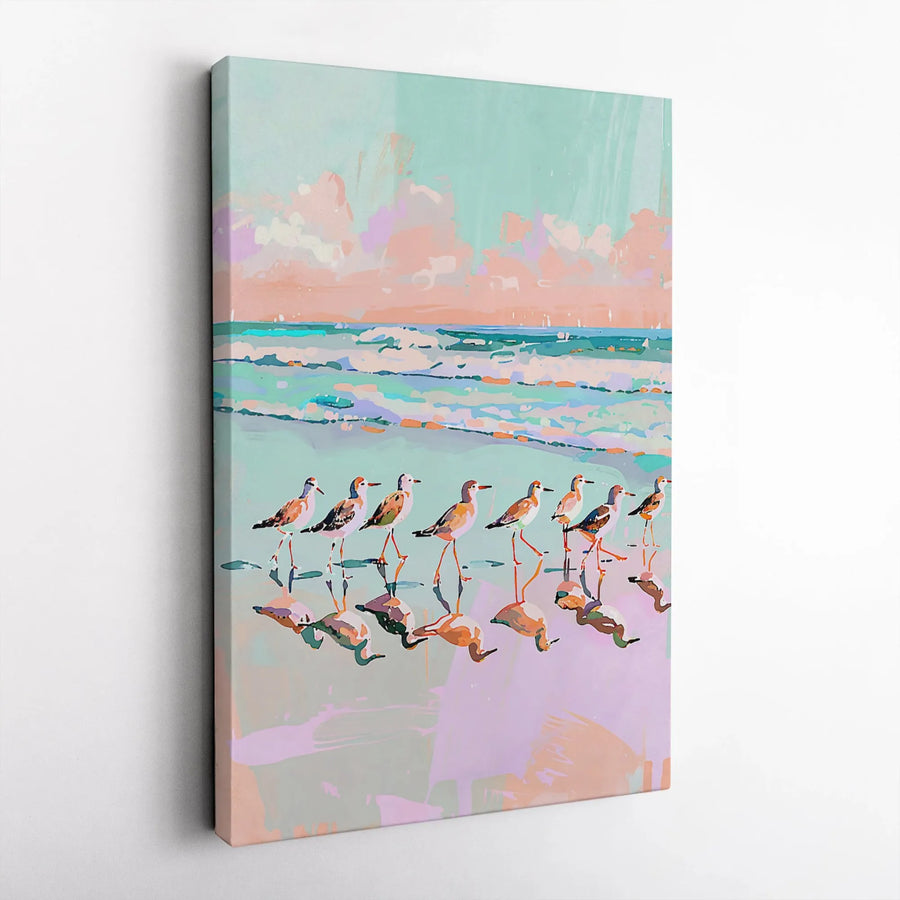 Coastal Sandpiper Wall Art | Impressionist Pastel Beach Print | Premium Gallery Wrap Canvas | Beach House Decor Gift for Bird Lovers