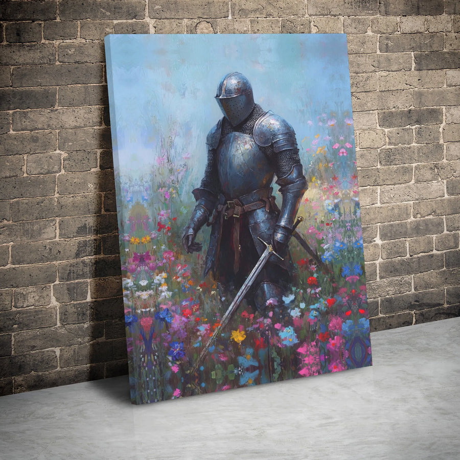 Medieval Knight Canvas Wall Art | Floral Armor Landscape Painting | Premium Gallery Wrap Print | Fantasy Home Decor Gift