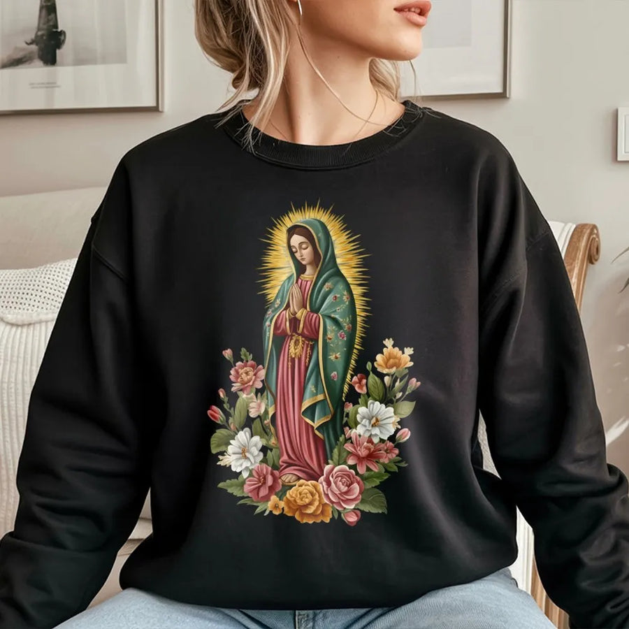 Our Lady Of Guadalupe Sweatshirt | Floral Virgin Mary Religious Art | Premium Cotton Blend Crewneck | Christian Faith Gift For Her And Him