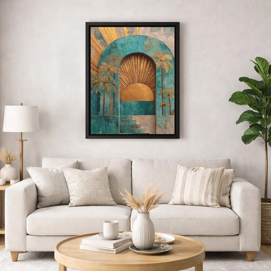 Art Deco Archway Canvas Art | Golden Sun and Palm Tree Wall Decor | 1.25 Inch Premium Gallery Wrap | Mid Century Modern Statement Piece for Home Office