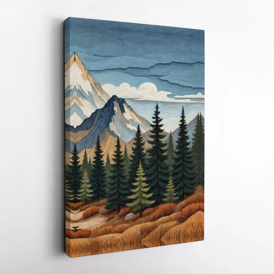 Rustic Mountain Canvas Wall Art | Textured Pine Tree Forest Landscape | Premium Frameless Canvas Print | Modern Cabin Decor Gift for Hiker
