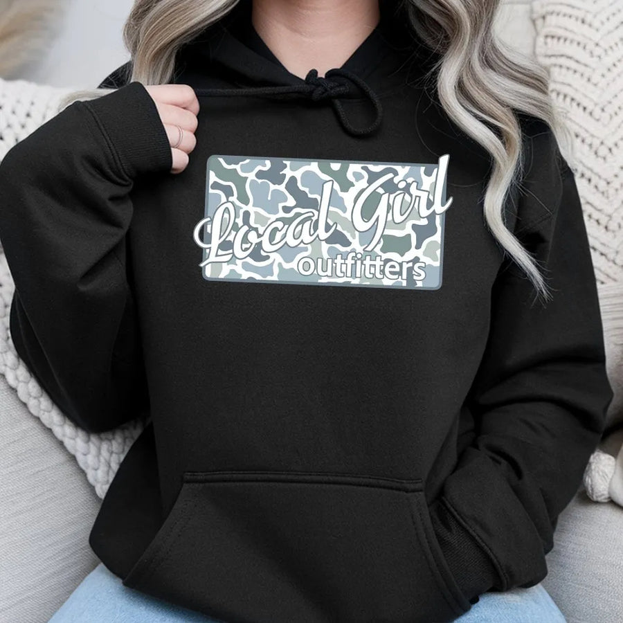 Local Girl Graphic Hoodie | Blue Camouflage Print Shirt | Soft 100% Cotton | Hometown Pride Gift for Her