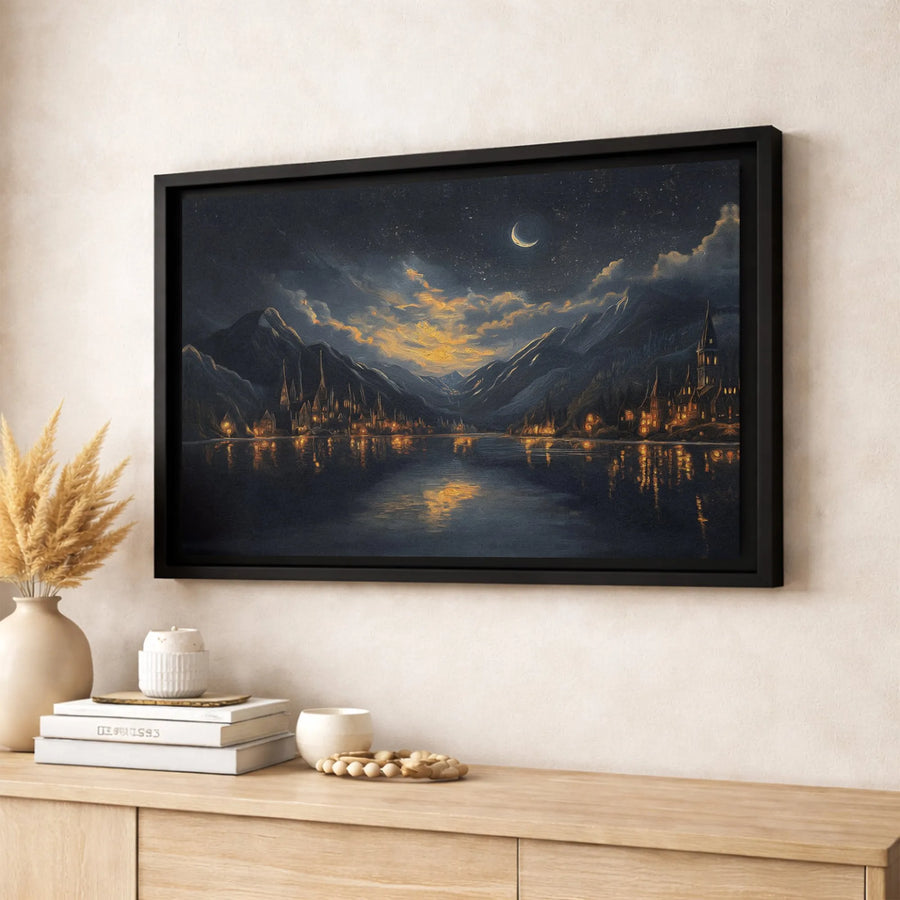Fantasy Castle Canvas Wall Art | Moonlight Mountain Lake Landscape | Gallery Wrap Premium Print | Magical Home Decor Gift for Fantasy Lovers
