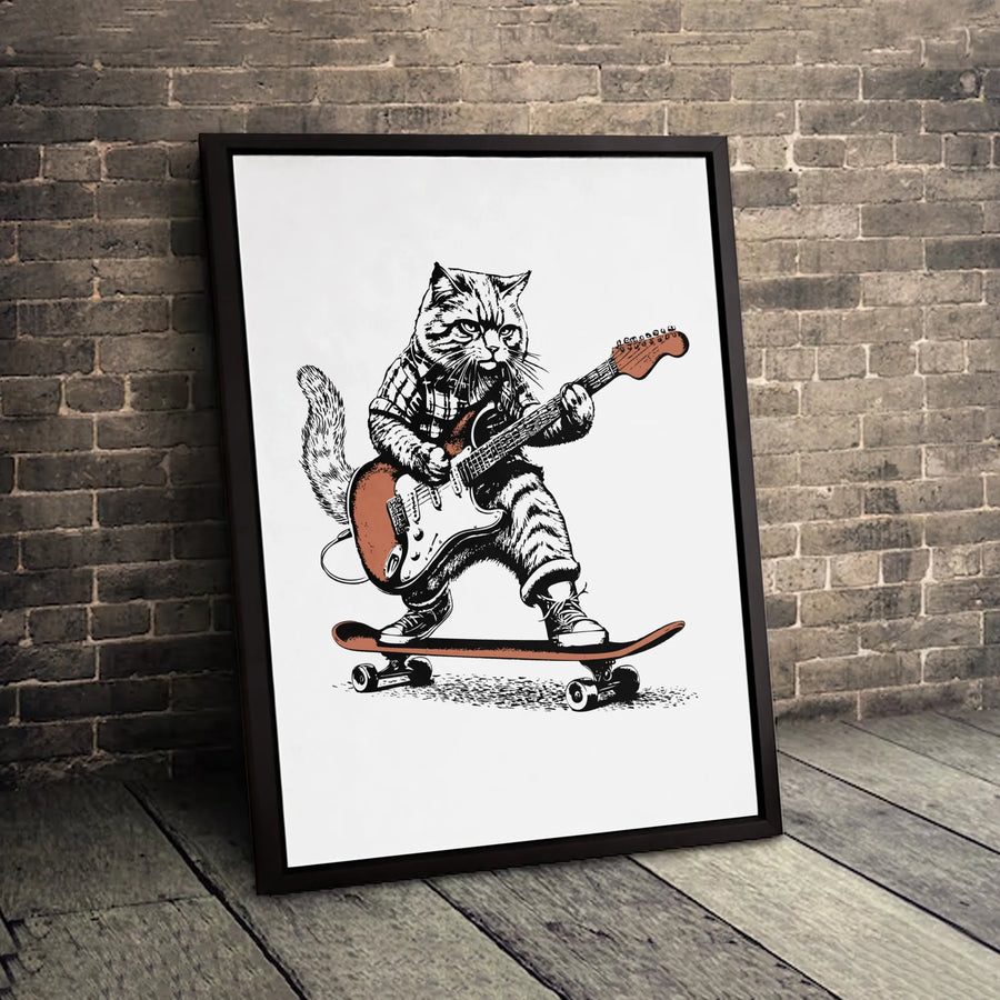 Skating Cat Playing Electric Guitar Canvas | Whimsical Music Animal Art | Premium Fade-Resistant Print | Fun Gift for Guitarists & Musicians