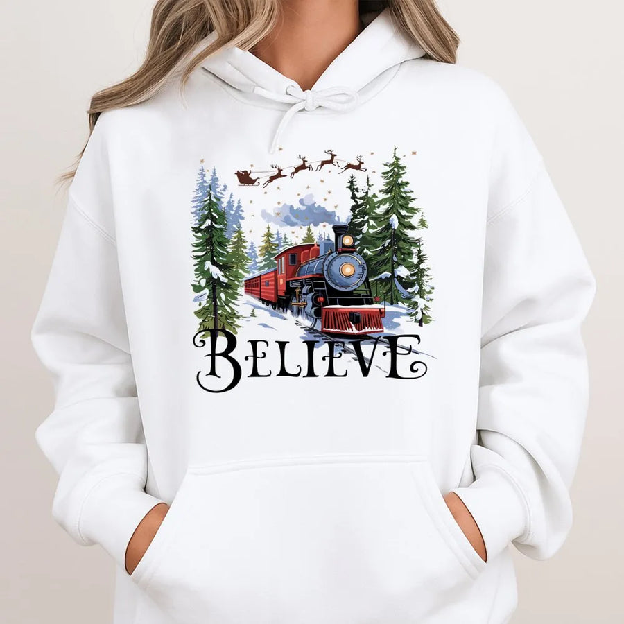 Believe Train Christmas Hoodie | Vintage Holiday Express Graphic | Premium Cotton Blend | Unisex Festive Gift for Train Lovers