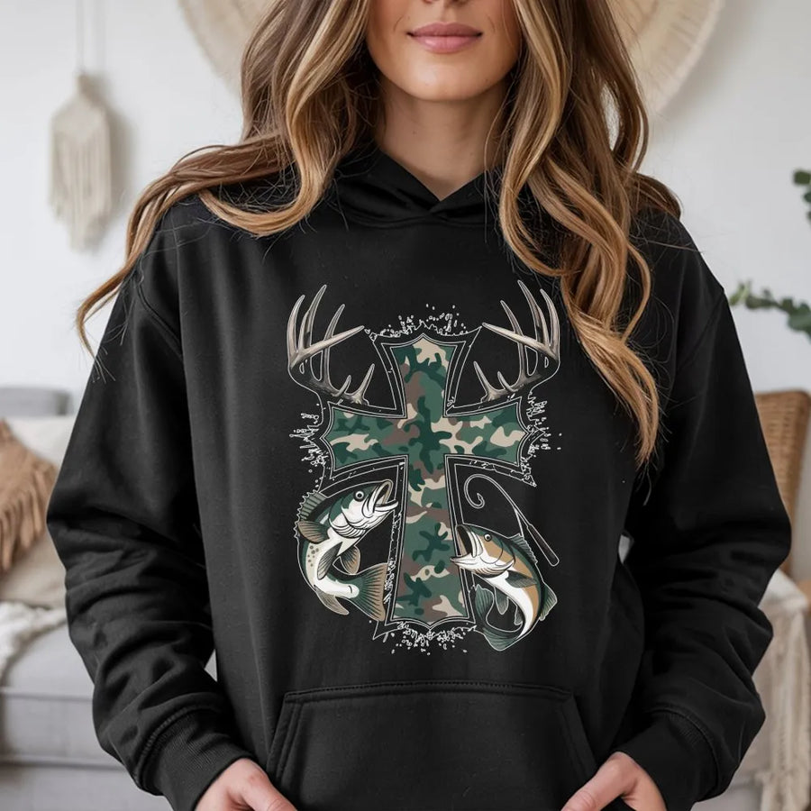 Camo Cross Hoodie | Deer Antler and Bass Fishing Graphic | Premium Cotton Blend | Gift for Outdoorsmen and Sportsmen