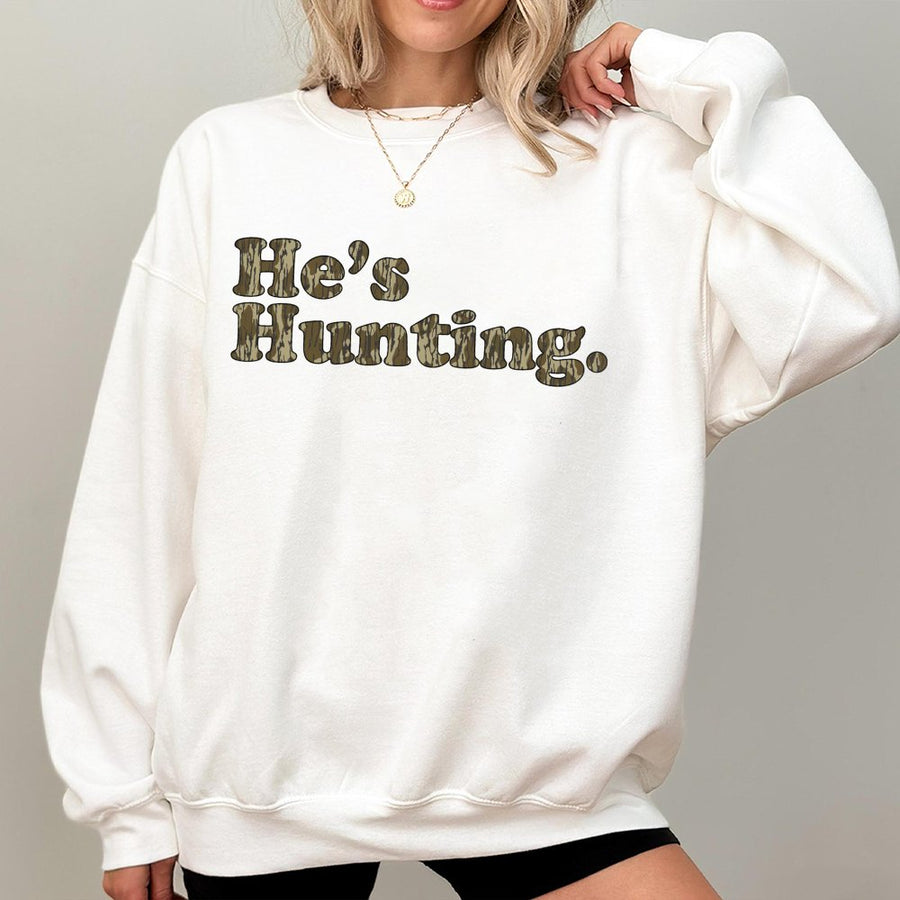 He's Hunting Sweatshirt | Retro Camo Lettering Design | Premium Cotton Blend | Funny Hunter Wife Gift for Fall Season