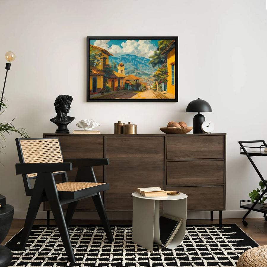 Colonial Town Street Art Canvas | Vibrant Latin American Village Landscape | Premium Gallery Wrapped Wall Decor | Mediterranean Style Travel Gift