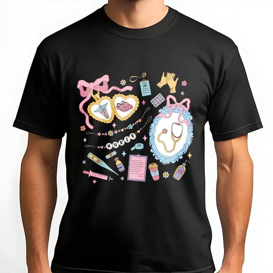 Cute Nurse T-Shirt | Coquette Aesthetic Medical Collage | Premium Cotton Blend | Gift for Nurses, RN, Nursing School Student Appreciation