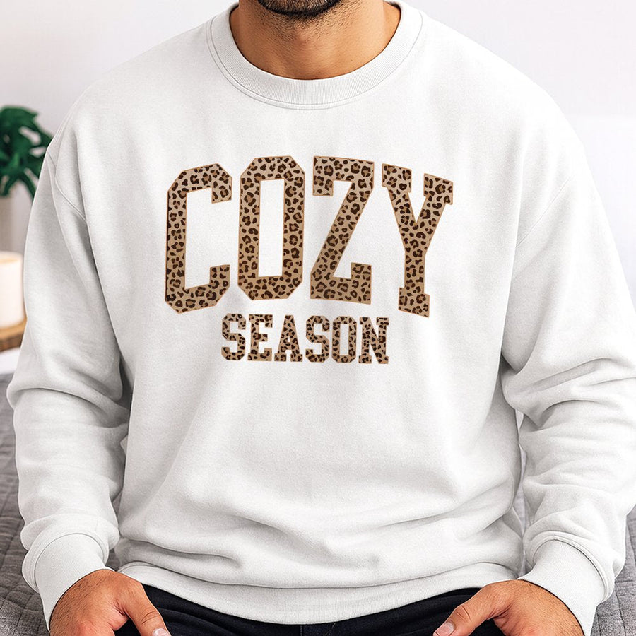 Cozy Season Sweatshirt | Leopard Print Varsity Letter Graphic | Premium Cotton Blend | Fall Aesthetic Gift for Women and Men