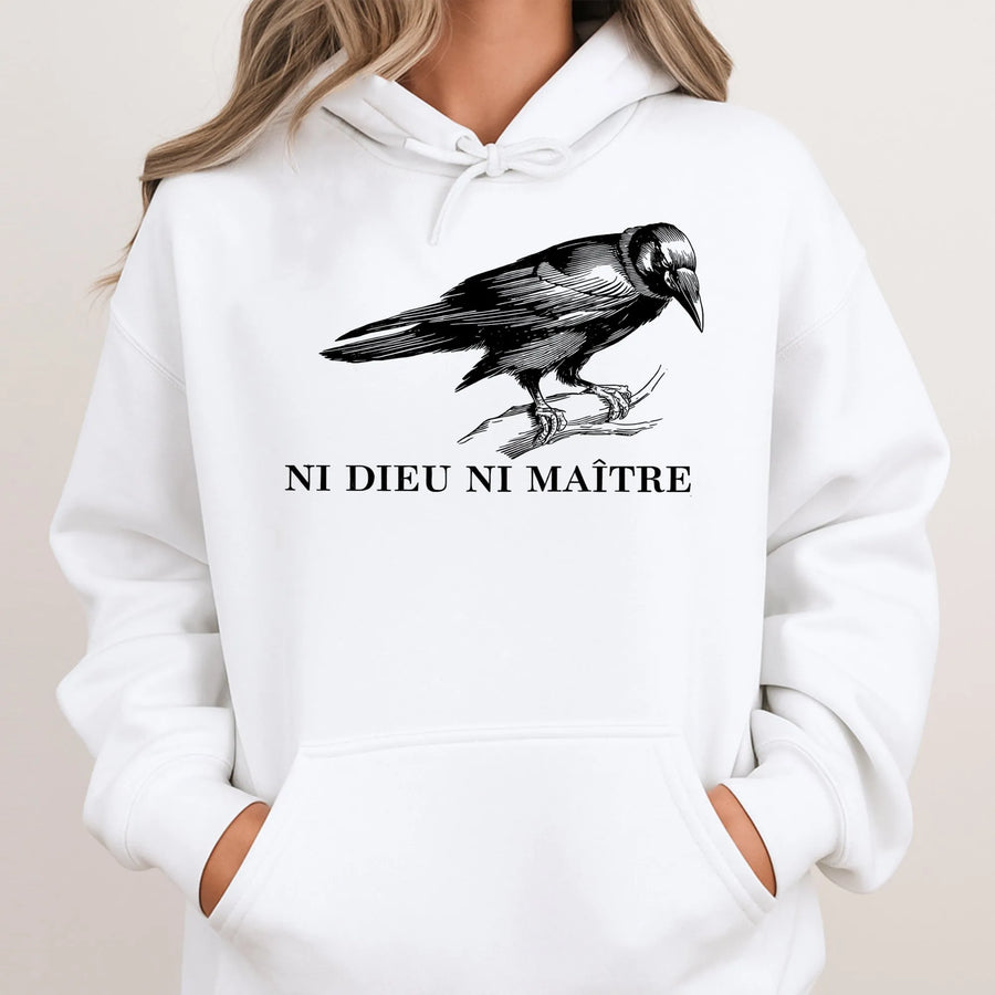 Ni Dieu Ni Maître Hoodie | Crow Illustration Design | Premium Cotton Blend | Unisex Anti-Authoritarian Statement Gift