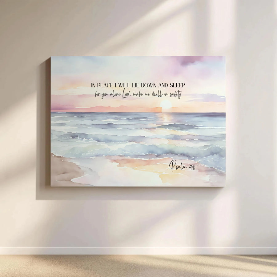 Psalm 4:8 Scripture Wall Art | Watercolor Beach Sunset Painting | Premium Thick Canvas | Christian Home Decor Gift
