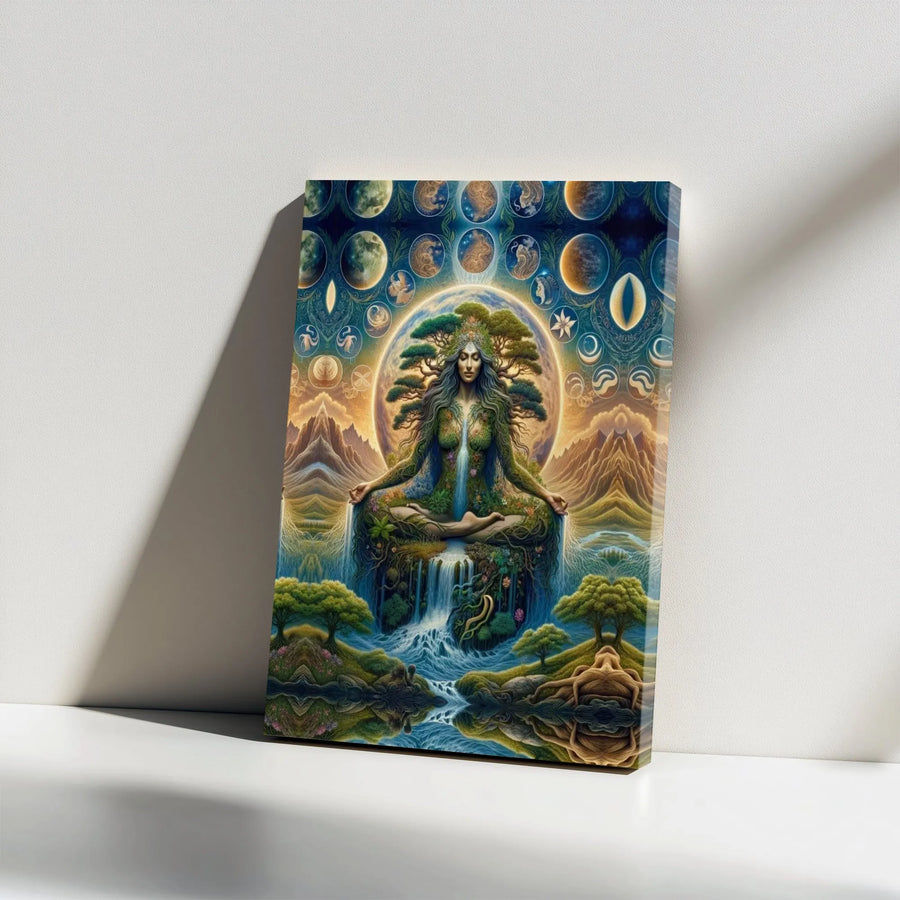 Mother Earth Canvas Wall Art | Cosmic Nature Goddess with Moon Phases | Premium Thick Gallery Wrap Canvas | Spiritual Gift for Yoga Studio & Zen Decor