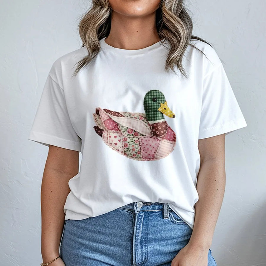 Quilted Mallard Duck T-Shirt | Patchwork Animal Art Design | Premium Soft Cotton | Cottagecore Aesthetic Gift for Duck Lovers