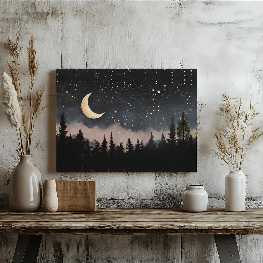 Celestial Night Sky Canvas | Gold Crescent Moon & Pine Forest Wall Art | Gallery Wrapped Premium Print | Boho Bedroom Home Decor Gift