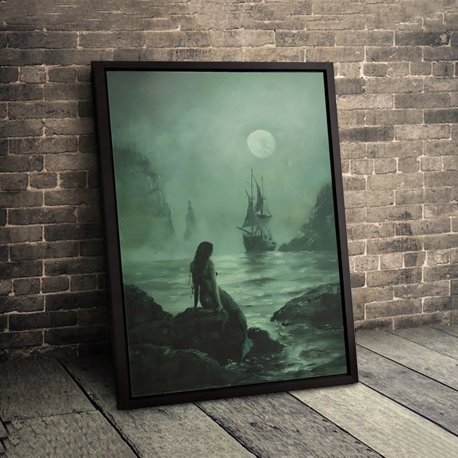 Gothic Mermaid Canvas Art | Moody Moonlit Ocean Seascape | Premium Gallery-Wrapped Print | Dark Academia Home Decor Gift