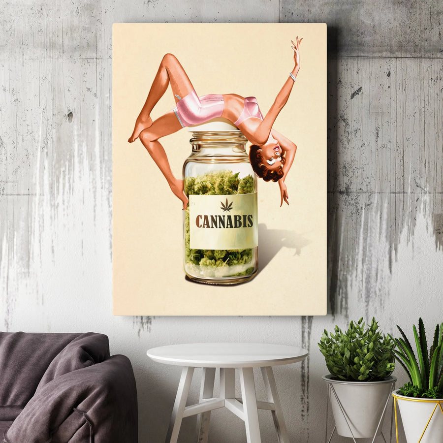 Vintage Pin-Up Girl Cannabis Canvas Art | Retro Weed Jar Illustration | Premium Gallery Wrap Wall Decor | Edgy Stoner Room Gift for Men and Women