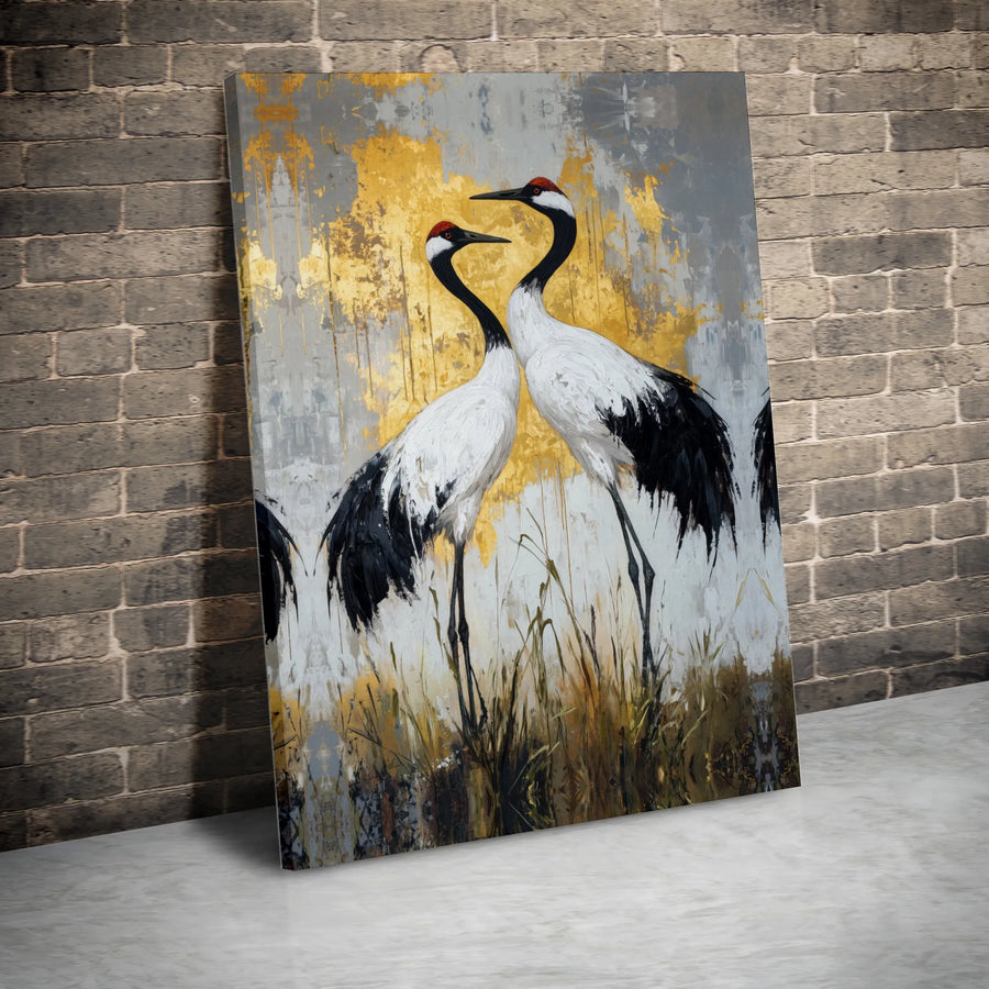 Red-Crowned Crane Canvas Wall Art | Gold Leaf Abstract Bird Painting | Premium 1.25" Gallery Wrap | Sophisticated Home Office Decor Gift