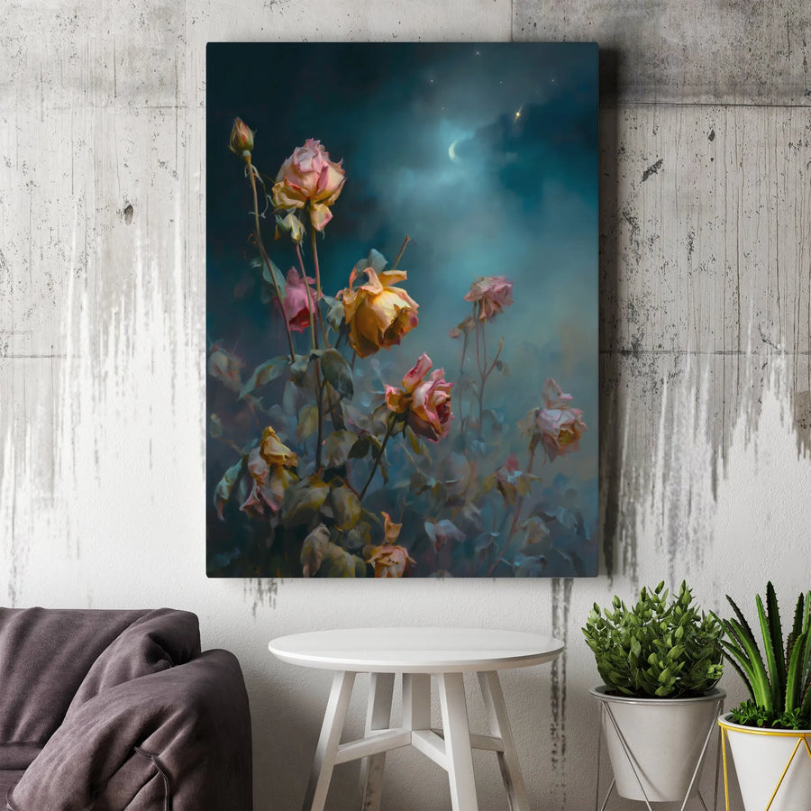 Moody Rose Canvas Art | Dark Floral Night Sky Painting | Premium Fade-Resistant Gallery Print | Atmospheric Wall Decor for Home Office