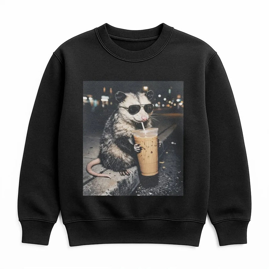 Funny Opossum Meme Sweatshirt | Possum Drinking Iced Coffee Graphic | Cozy Unisex Crewneck | Vintage 90s Streetwear Gift for Animal Lovers