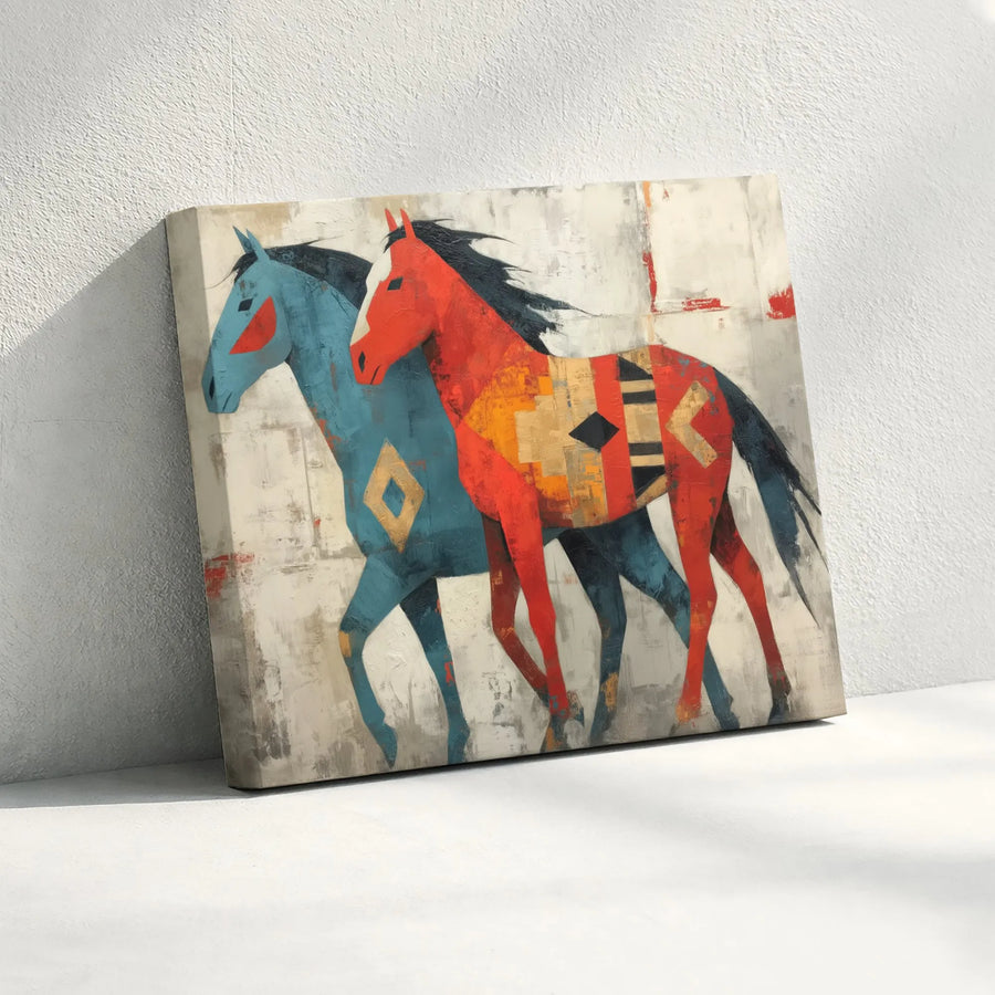 Abstract Horse Canvas Wall Art | Red and Blue Southwestern Geometric Design | Gallery-Quality Premium Print | Modern Home & Office Decor Gift