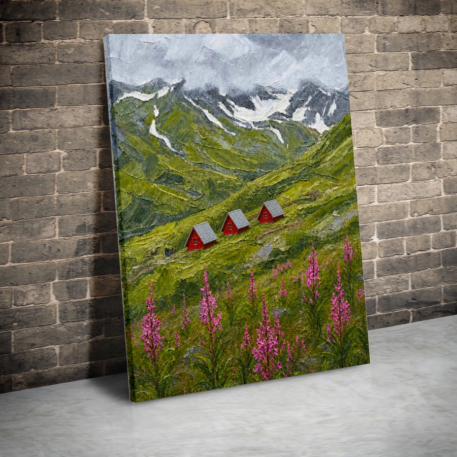 Mountain Landscape Vertical Canvas | Red Cabins Impasto Style Art Print | 1.25 Inch Gallery Wrap Wall Art | Cozy Alpine Nature Lover Gift