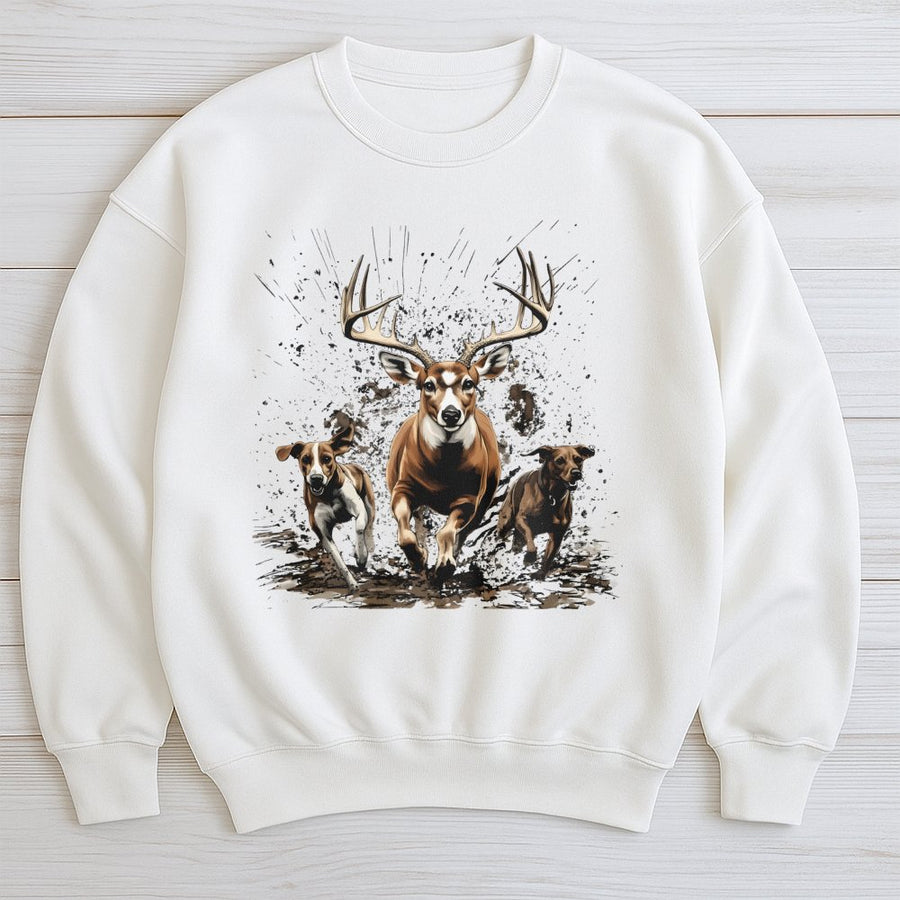 Hunting Sweatshirt | Running Buck and Hound Dogs Graphic | Premium Cotton Blend | Country Life Apparel Gift for Hunters