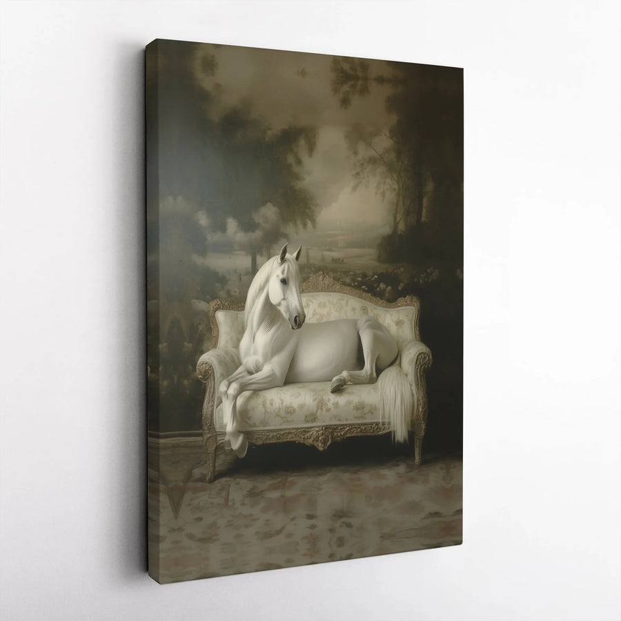 White Horse Wall Art | Vintage Victorian Sofa Portrait | Premium Gallery Wrapped Canvas | Elegant Equestrian Home Decor Gift