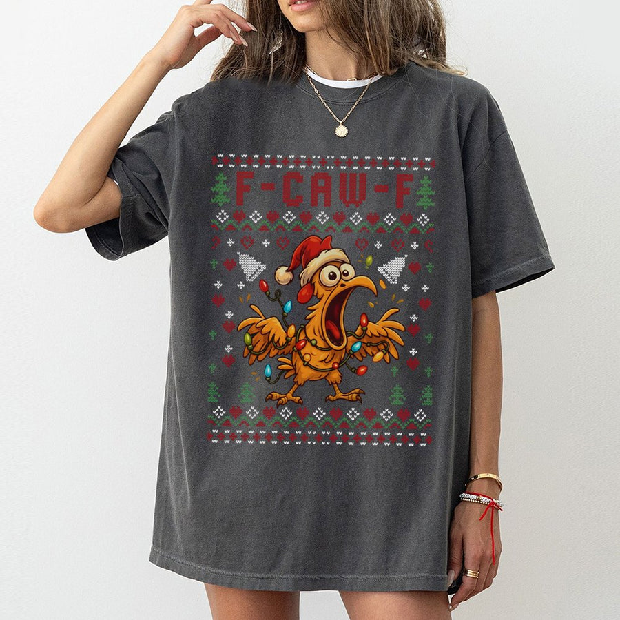 F-Caw-F Ugly Christmas T-Shirt | Funny Screaming Chicken Holiday Design | 100% Cotton Premium Tee | Humorous Xmas Party Gift for Men and Women