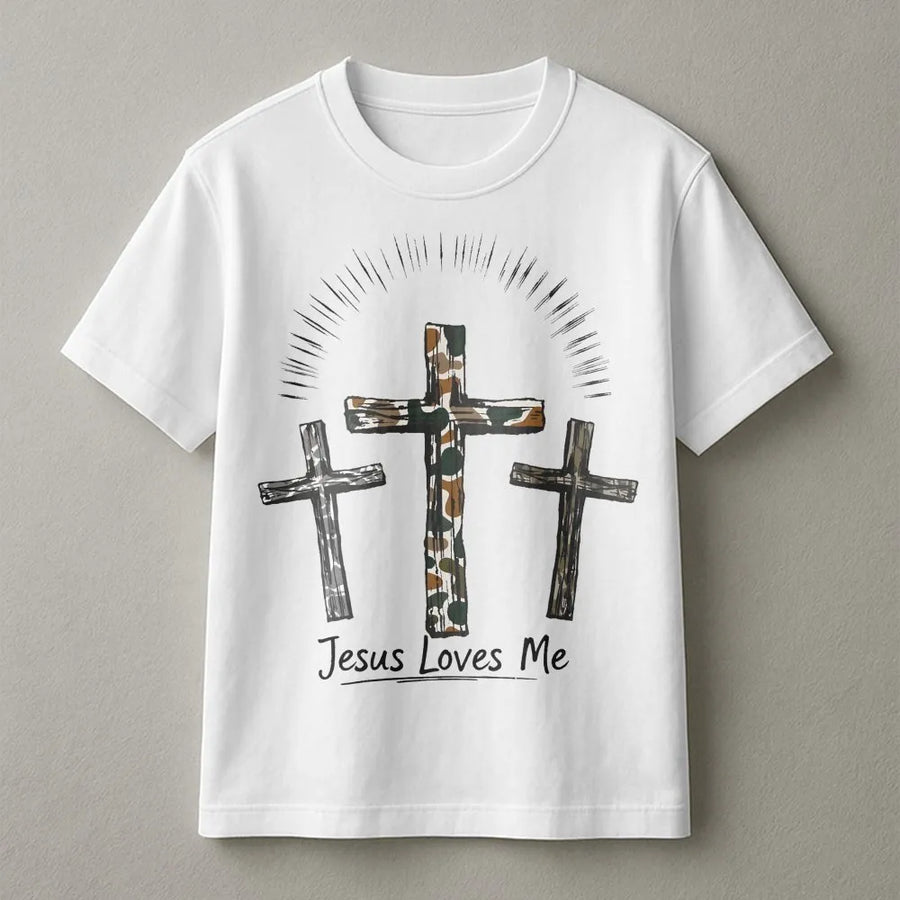 Jesus Loves Me Cross T-Shirt | Camo Faith Religious Graphic Print | Premium Soft Cotton | Christian Gift for Men and Women