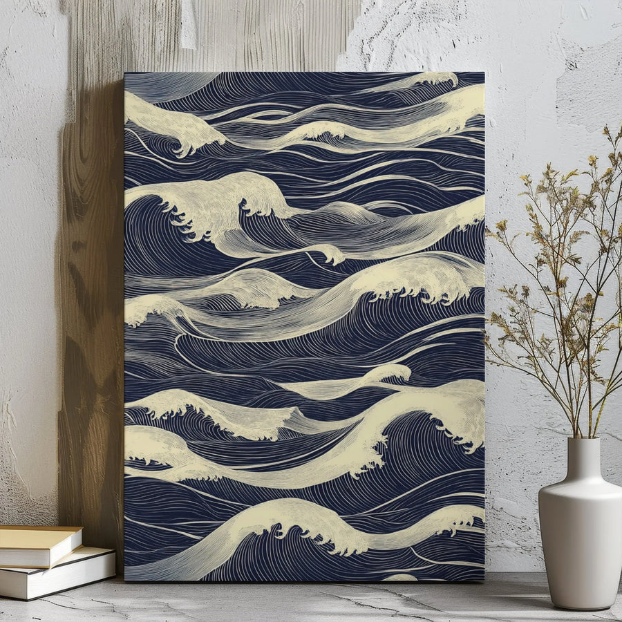 Japanese Ocean Waves Canvas Wall Art | Minimalist Navy Blue and Cream Line Work | Premium Gallery Wrapped Decor | Serene Home Office Gift