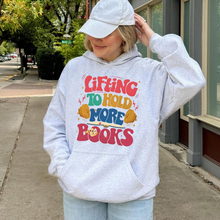 Lifting To Hold More Books Hoodie | Retro Fitness Gym Sweatshirt | Premium Cotton-Poly Blend | Bookworm Workout Gift for Readers
