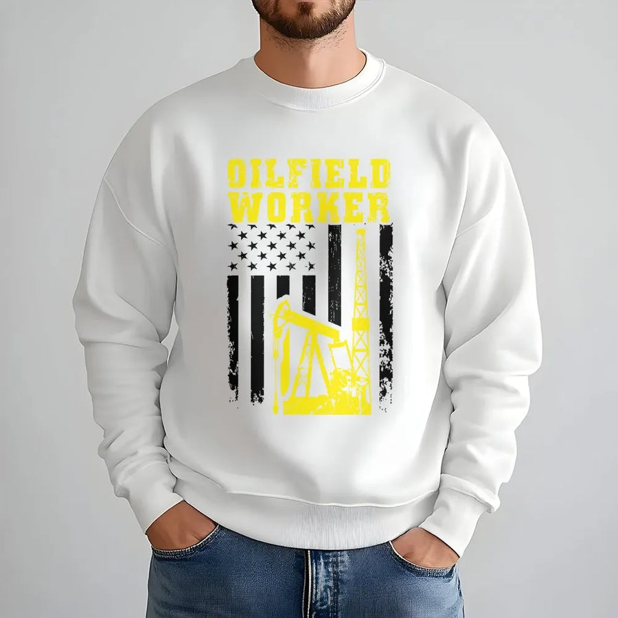 Oilfield Worker Sweatshirt | American Flag Pumpjack Rig Graphic | Premium Cotton Blend Crewneck | Oil & Gas Industry Gift For Men & Dads