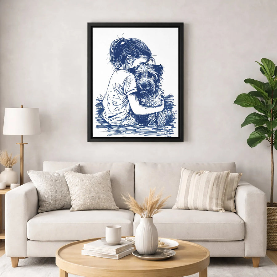 Girl Hugging Dog Canvas Wall Art | Blue Line Sketch Illustration | Premium 1.25-Inch Gallery Wrap | Heartwarming Pet Lover Home Decor Gift