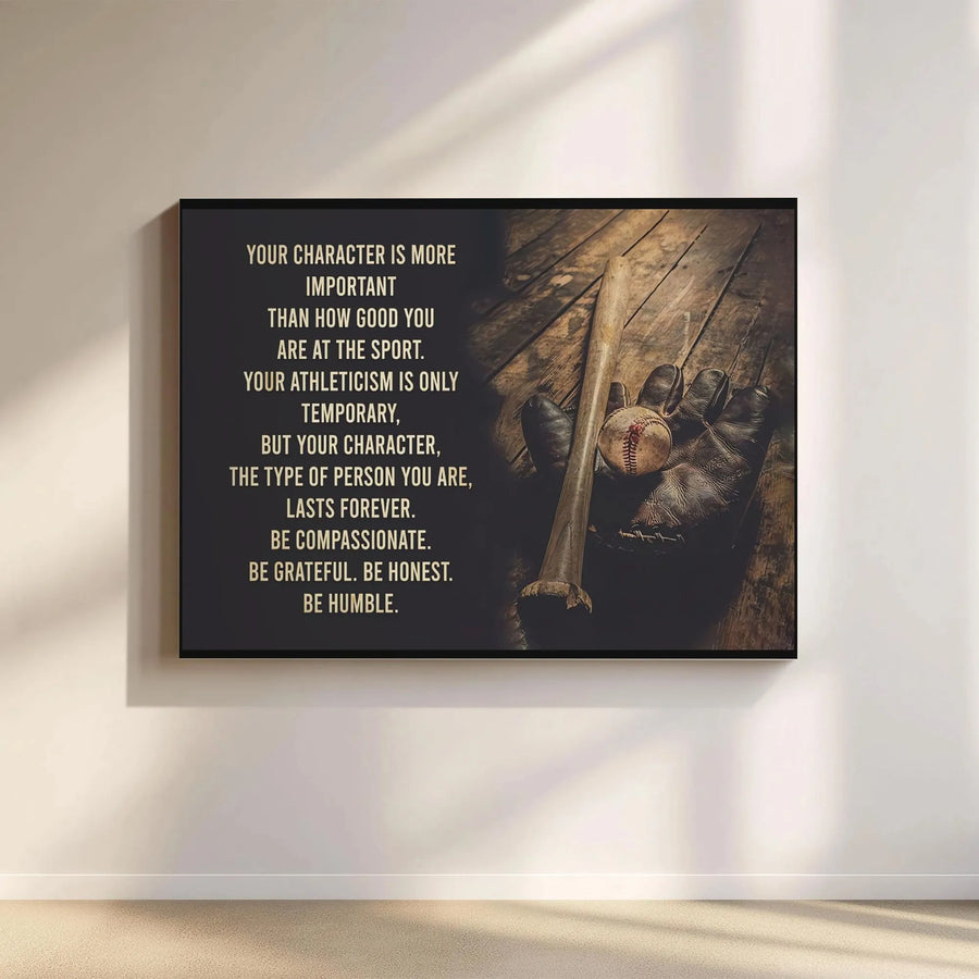 Baseball Motivational Canvas Art | Your Character Is More Important Quote | Premium Gallery Wrapped Wall Decor | Gift for Athlete or Coach