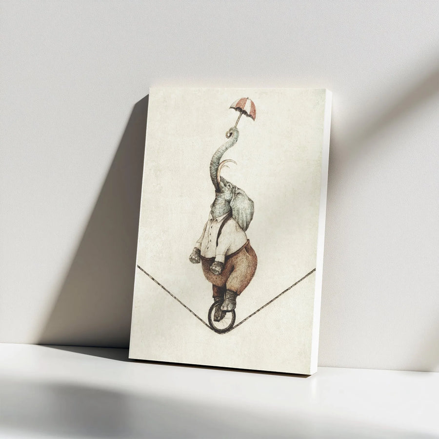 Vintage Circus Elephant Canvas Print | Whimsical Tightrope Walker Illustration | Premium Thick Gallery Canvas | Unique Nursery & Kids Room Decor Gift