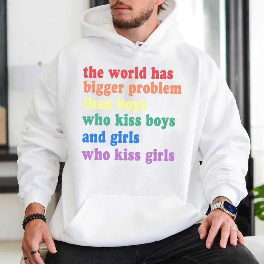 LGBTQ Hoodie | The World Has Bigger Problems Quote | Soft Cotton Blend Unisex Pullover | Pride Month Aesthetic Gift For Ally