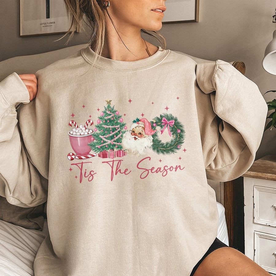 Tis The Season Sweatshirt | Retro Pink Christmas Graphic | Soft Cotton Blend Crewneck | Cute Holiday Gift For Her