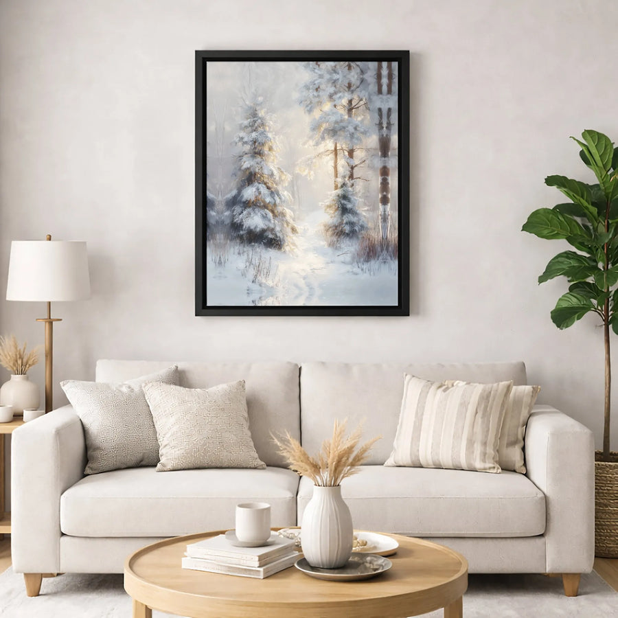 Snowy Winter Forest Canvas | Sunlit Pine Tree Wall Art | Premium Fade-Resistant Gallery Print | Serene Nature Home Decor Gift