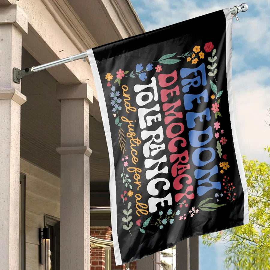 Freedom Democracy Tolerance House Flag | Groovy Floral Patriotic Garden Decor | Durable Weather-Resistant Polyester | Gift for Activists
