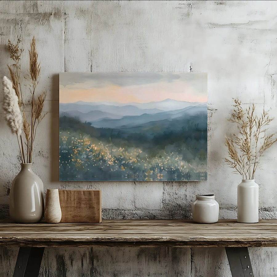 Misty Mountain Landscape Canvas Print | Watercolor Wildflower Meadow Art | 1.25-Inch Gallery Wrap | Serene Nature Wall Decor for Living Room