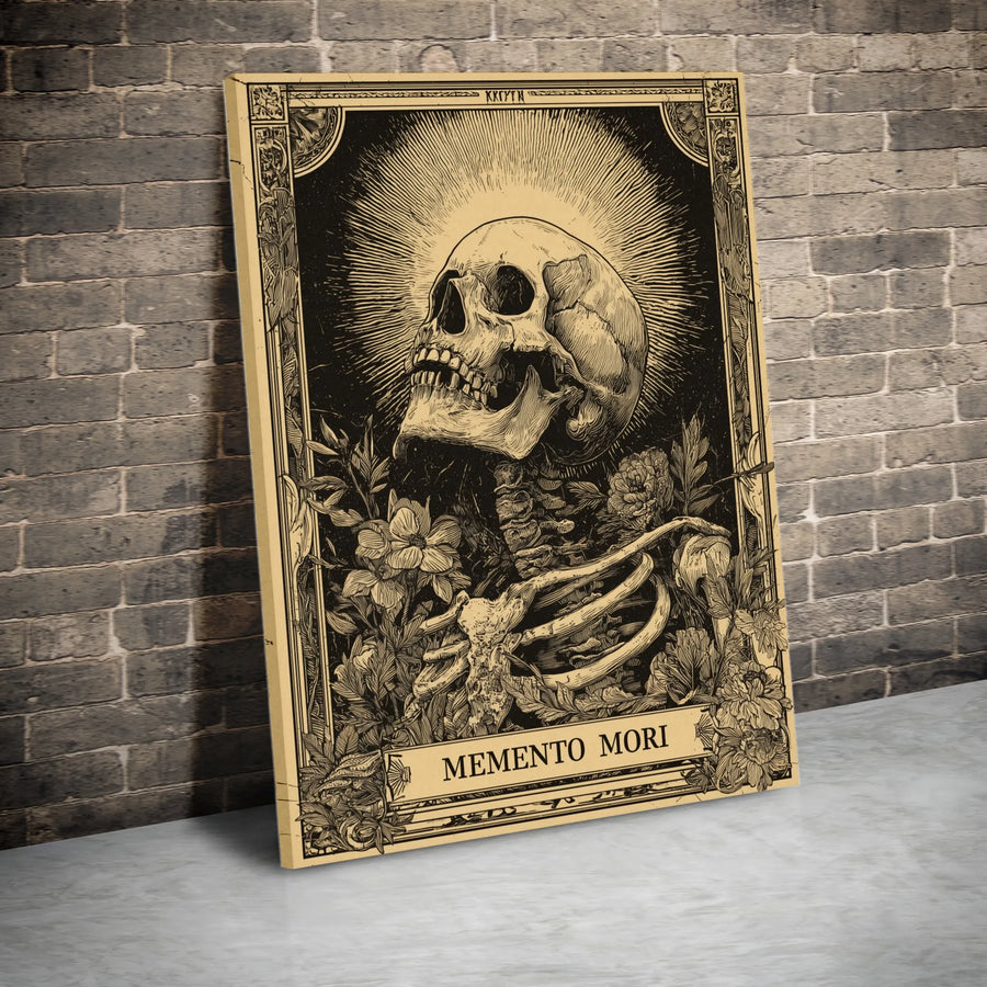 Memento Mori Canvas Wall Art | Vintage Skull and Flowers Illustration | Premium Gallery Canvas | Collector's Gift for Stoic Home Decor