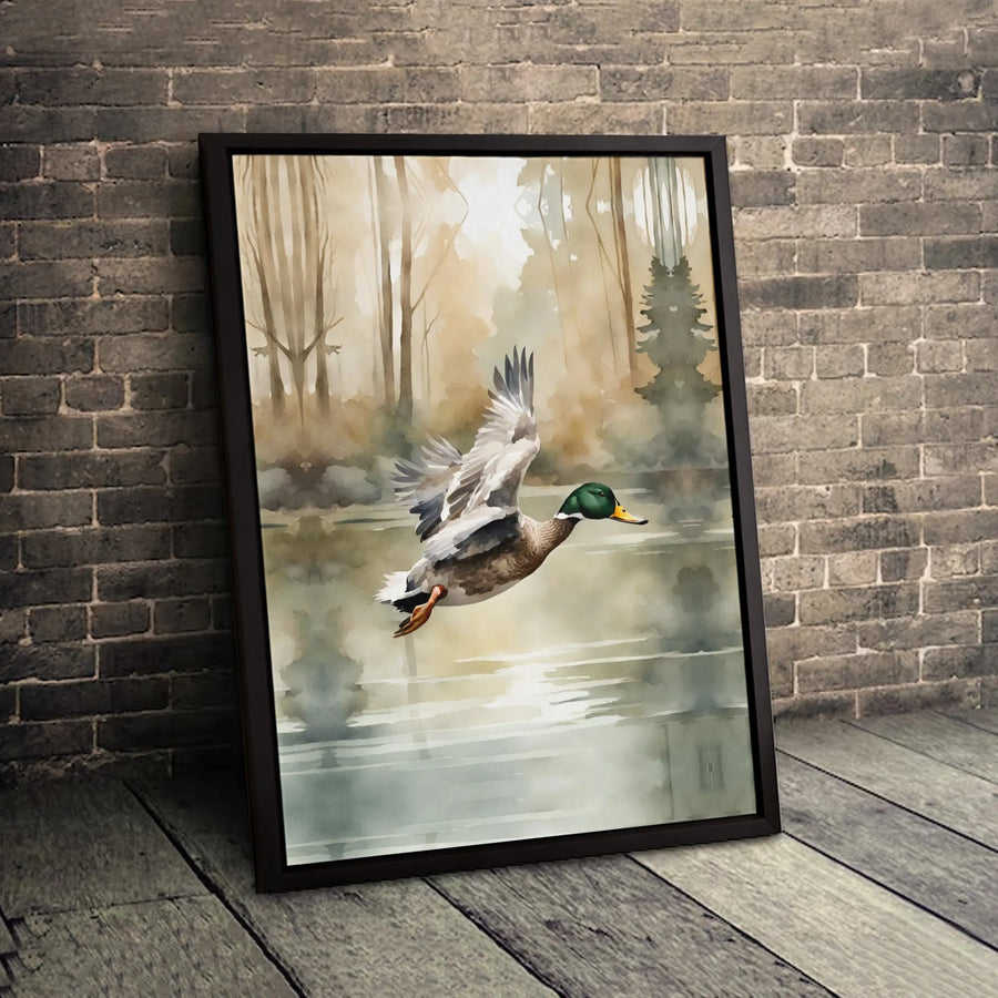Mallard Duck Canvas Wall Art | Watercolor Flying Duck Over Misty Lake | Gallery Wrapped Premium Print | Nature-Inspired Home Decor Gift