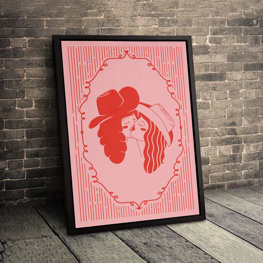 Two Kissing Cowgirls Canvas Wall Art | Romantic Western Line Art Print | Premium 1.25" Gallery Wrap | LGBTQ+ Pride Home Decor Gift